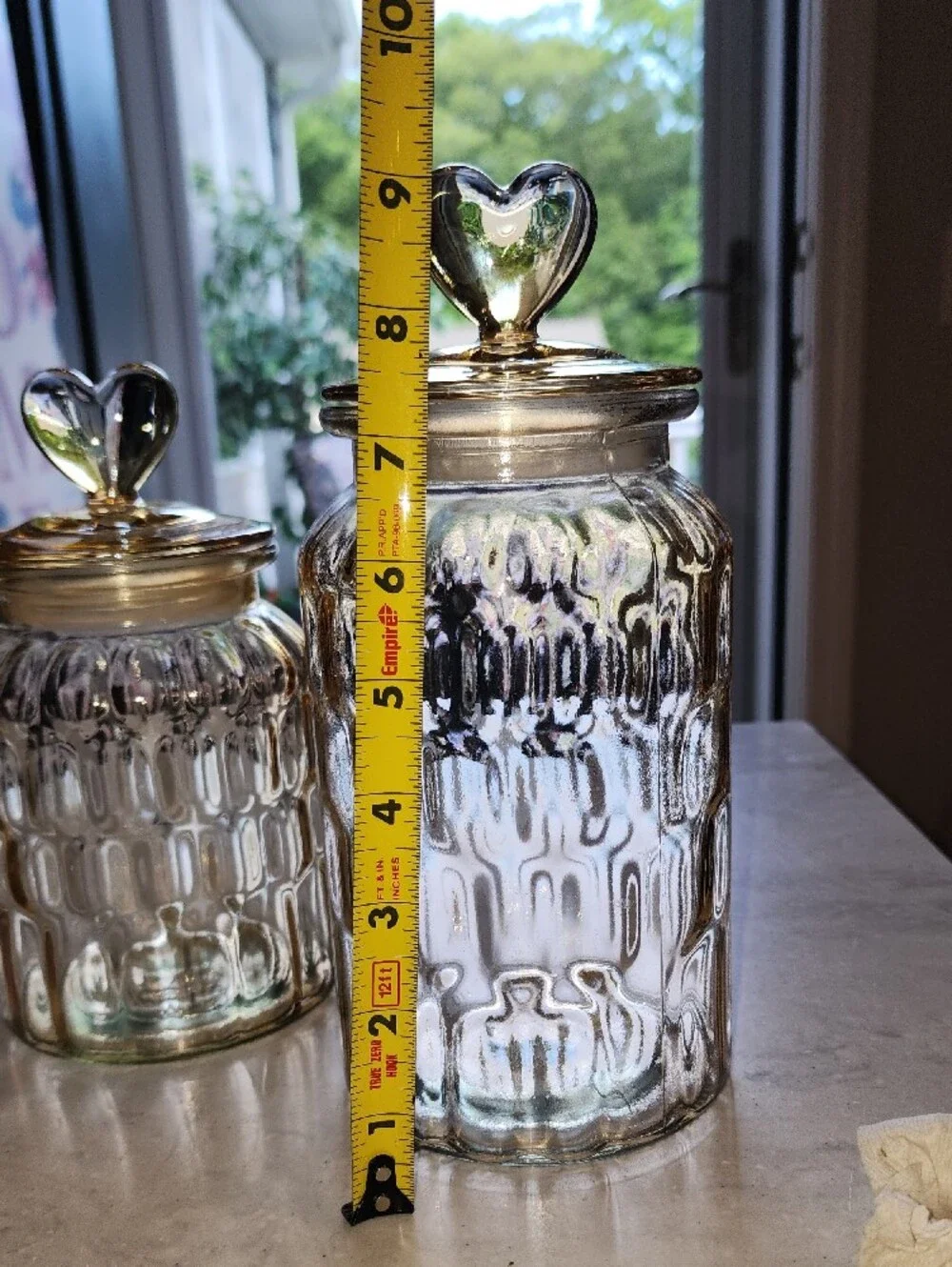 Set Of 3 Glass Heart-Top Canister Set - Amber & Clear. I Have 2 Complete Set!